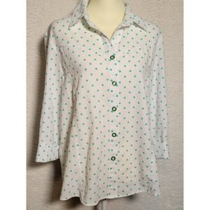Drapers and Damons Blouse Sz Large Green Polka Dot Button Up Top 3/4 Sleeve 0724